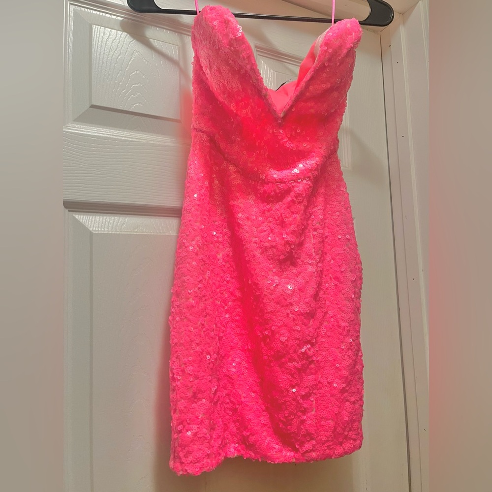 Neon Hot Pink Sequin Strapless Mini Dress with Plunge Sweetheart Neckline XS
